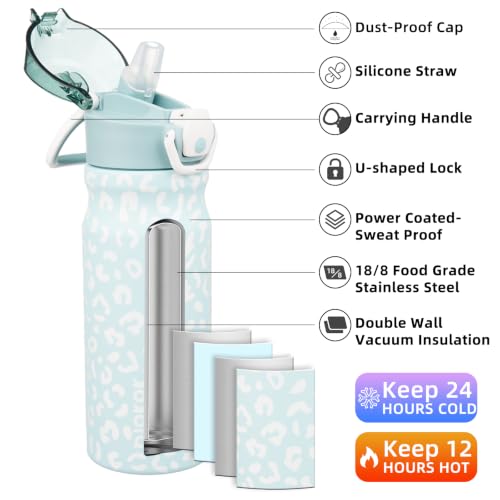Image of BJPKPK 18 oz Water Bottle with Straw & Handle, Insulated Stainless Flask | Leak Proof Locking Lid, Thermal, Double Wall Vacuum, Metal, Keeps Hot /Cold, BPA Free, Travel & Sports, Light Blue Leopard