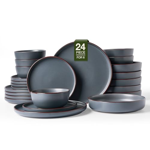 Image of Famiware Mercury Dinnerware Sets with Pasta Bowls, Service for 6 (24 Pieces), Stoneware Plates and Bowls Sets, Microwave and Dishwasher Safe Dishes Set, Charcoal