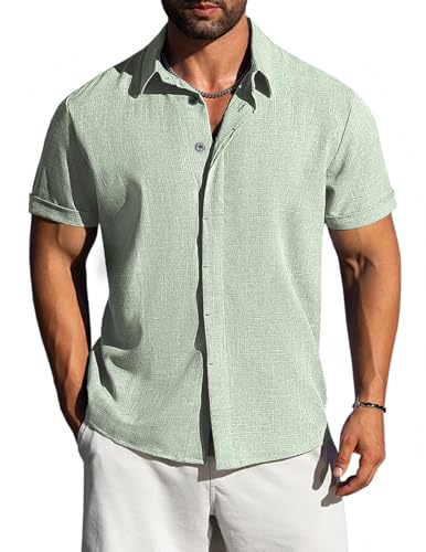 LETSEE Linen Shirts for Men Short Sleeve Button Down Dress Casual Shirt Beach Summer Wedding Hawaiian Outfit