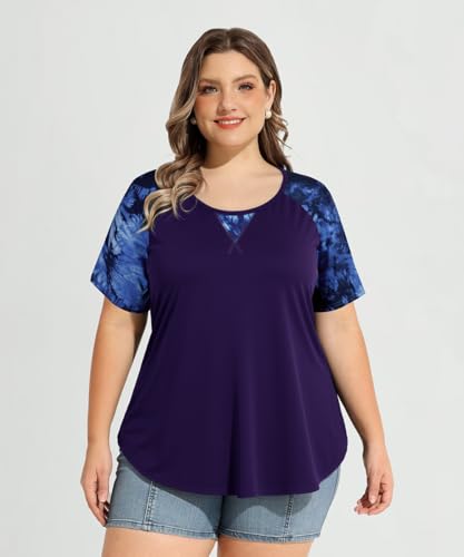 Image of CARCOS Plus Size Tops for Women Short Sleeve Shirt Summer Star /Leopard /Tie Dye /Flower Crewneck Pullover Tunic XL-5XL