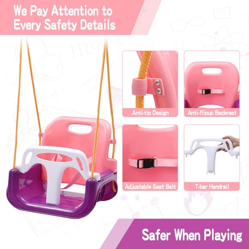 Image of RedSwing 3-in-1 Baby Swing Seat, Toddler Swings, Anti-Flip Snug & Secure Detachable Infants to Teens Kids Swing Seat for Outside Playground, Purple Pink White