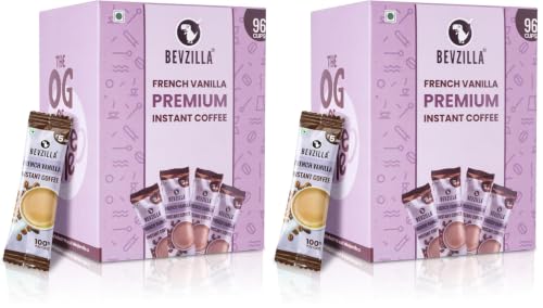 Image of Bevzilla 96 Instant Coffee Powder Sachets (Vanilla) - 192 Grams |Arabica Coffee|Easy To Carry| Best For Espresso, Latte, Cappuccino |Enjoy Hot & Cold (Pack of 2)