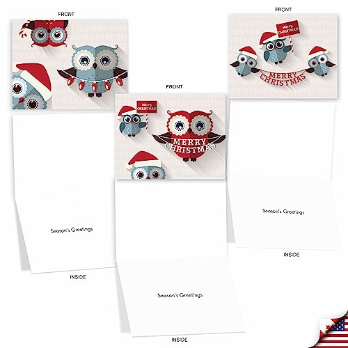 Image of The Best Card Company - 10 Holiday Note Cards for Christmas - Festive Bulk Assortment, Boxed Notecards with Envelopes (4 x 5.12 Inch) - Happy Owlidays M2947