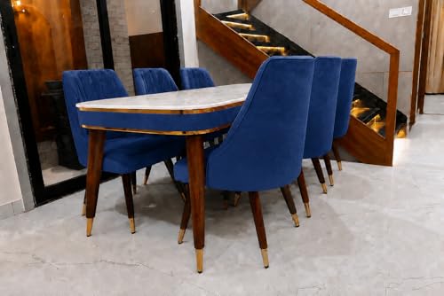 Image of WOODEN SPACE 6-Seater Wooden Dining Table Set | Nano Composite Marble Top | Solid Wood Base | Modern Dining Room Furniture with 6 Chairs (Blue 2)