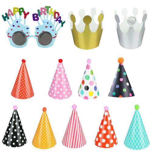 JEYORZY 11 Pezzi Cappellini Festa Compleanno+1 paio di occhiali da compleanno,cappelli per feste di compleanno per bambini,cappelli da festa con pompon e corona,per bambini e adul