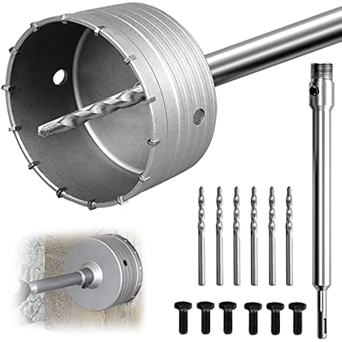 Hole Saw, Hollow Drill Bit with 120 mm Mandrel SDS Adapter and Connecting Rod 220 mm, Hammer Impact Resistant Hole Saw for Masonry and Concrete with Six Centring Drills and Screws Cover
