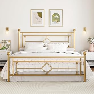 SHA CERLIN 14 Inches King Size Metal Platform Bed Frame/Vintage Iron-Art Headboard and Footboard/Mattress Foundation for Storage/No Box Spring Needed/Noise-Free/Easy Assembly/Gold