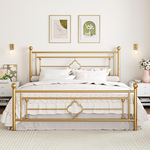Image of SHA CERLIN 14 Inches King Size Metal Platform Bed Frame /Vintage Iron-Art Headboard and Footboard /Mattress Foundation for Storage /No Box Spring Needed /Noise-Free /Easy Assembly /Gold