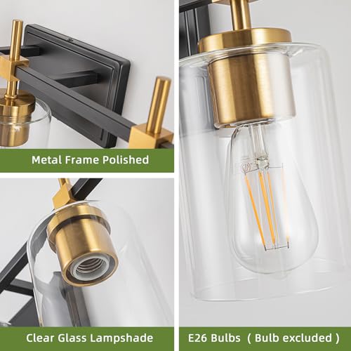 Image of Bathroom Vanity Lights, Black Gold 3 Lights, E26 Socket with Clear Glass Shade, Modern & Vintage Style Vanity Light for Bathroom, Powder Room, Dressing Room