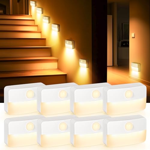 Lot de 8 Lampe LED Escalier Détecteur de Mouvement pour Escalier–Lumiere Veilleuse Intérieure Automatique, Adhésif Sans Fil Perçage, Mini Alimentée Par...