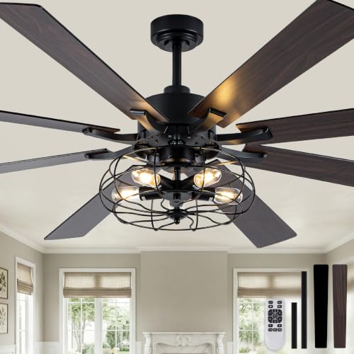Image of 72 Inch Farmhouse Ceiling Fan with Lights Black Caged Rustic | Remote Control Fandelier Ceiling Fan, 5-Lights Large Chandelier for Living Room, 8 Dual Blades Reversible DC Motor 6 Speeds