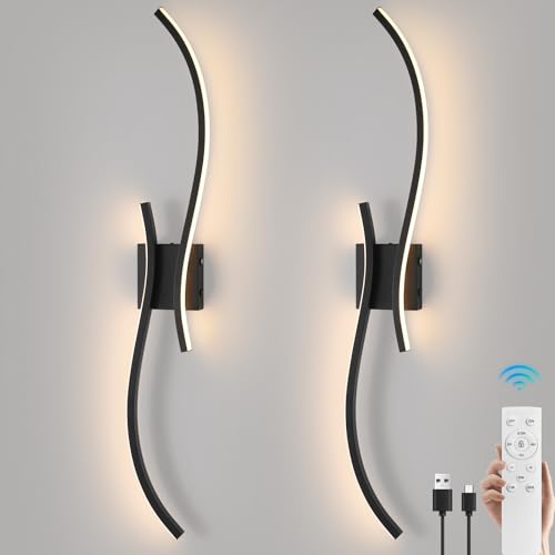 Image of Battery Operated Wall Sconce Set of 2, 18000mAh Black Rechargeable Wall Lights with Remote Control,3000K-6000K Dimmable LED Wireless Wall Light for Living Room Bedroom Hallway,39.3 Inch (Black)