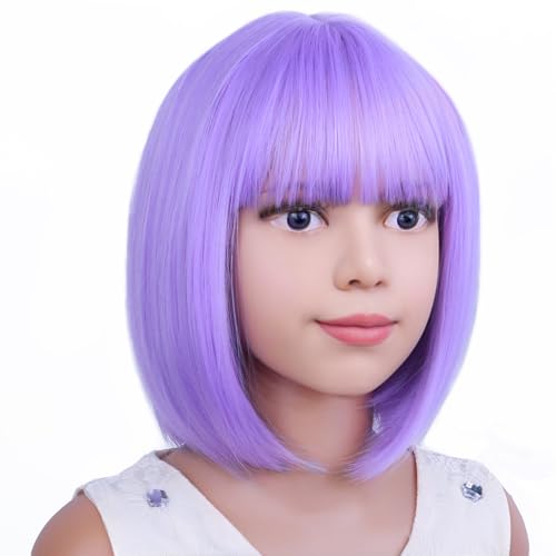 Image of PATTNIUM Kids Purple Wig Child Bob Wig Short Light Purple Wigs for Girls Lavender Purple Bob Hair Cosplay Party Synthetic Rose Net Daily Wear Wigs