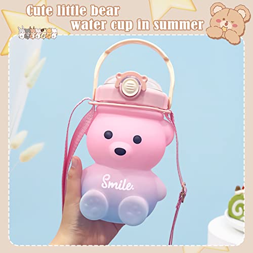 Upzai Cute Bear Water Bottle With Strap And Straw, 32Oz Kawaii Kids Water Bottles, Leak-Proof Plastic Drinking Cups For Girls Women School Sports Camping Picnic Hiking Travel (Pink-Blue) #TOP2