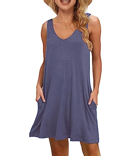 WNEEDU Damen Leichte Sommerkleid V-Ausschnit Swing Tank-Kleid Ärmellos...
