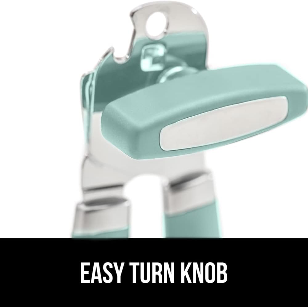 Gorilla Grip The Original Heavy Duty Stainless Steel Smooth Edge Manual Hand Held Can Opener With Soft Touch Handle, Rust Proof Oversized Handheld Easy Turn Knob, Large Lid Openers, Mint