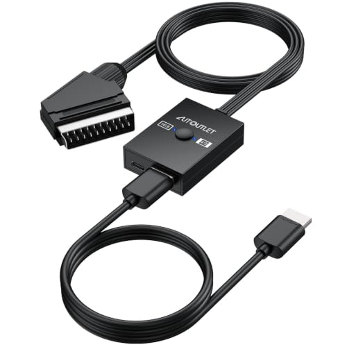 AUTOUTLET Adaptador Scart a HDMI, 16:9/4:3, Convertidor Euroconector a HDMI Conversión 1080P Compuesto CVBS AV A HDMI Video Audio Converter con Cable HDMI PAL/NTSC, para Reproductor de VCR, VHS y DVD