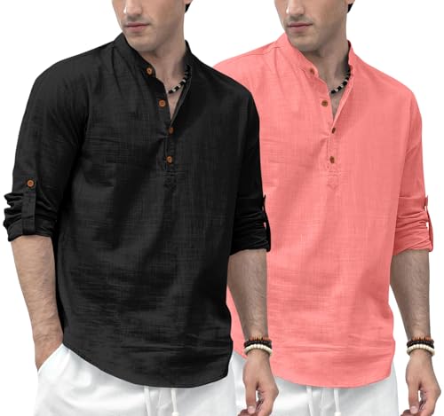 Image of Zombom Men's Combo Cotton Polyester Blend Solid Full Sleeve Straight Regular Fit Mandarin /Chinese Collor Kurta (Pack of 2)