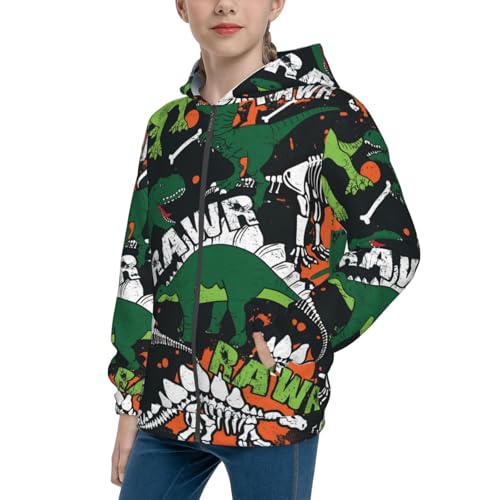Dinosaur Skeleton Kids Pullover Hoodies Boys Zip Up Sweatshirts Girls Athletic Clothes with Pocket