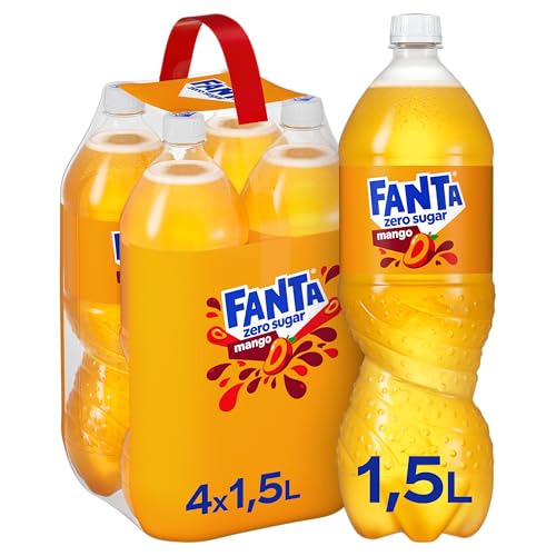 Fanta Mango ohne Zucker - kalorienfreie Erfrischung mit exotischem Mangogeschmack - spritzig-erfrischendes Softgetränk ohne Zucker in Einweg Flaschen (4 x 1500 ml)