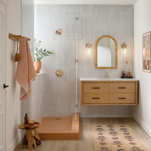 Image of Kichler Kavi 1-Light Bathroom Wall Light, Champagne Bronze | Damp-rated wall light with clear glass for baths and hallways (5 inch x 13 inch), 55209CPZ