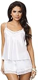 iCollection Women's Satin and Lace Cami and Short Set, White, 1X