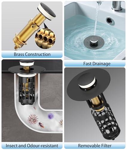 Image of QYHNYJF Upgraded Bathroom Sink Stopper with Hair Catcher - Universal Pop-Up Drain Plug, Stainless Steel & Silicone Seal for 1.1-1.5 Inch Drains, Matte Black Finish (Matte Black)
