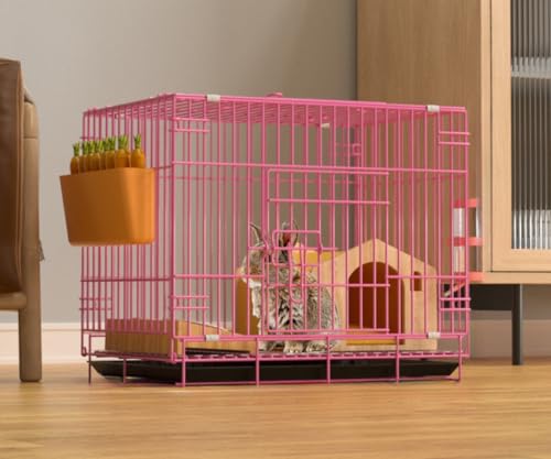 Tuyiutm 国産大型うさぎケージ 屋内トイレ付き 暗号化 二段式うさぎ小屋 吊り戸付き 小動物小屋 ペット小屋 休憩所 脱出防止 組み立て簡単 お手入れ簡単 (ピンク,60*42*50CM)