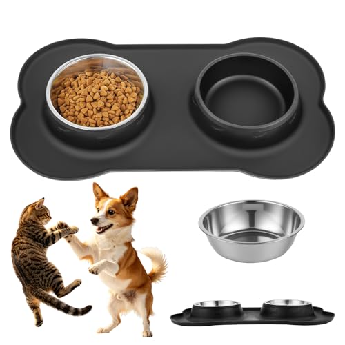Futternapf Hunde Katzen, Fressnapf Hundenapf Kleine Hunde Napfset, Edelstahl Katzenapf Wassernapf Hund mit Nicht Kleckern, mit 1 Hundenapf Unterlage Rutschfest Silikon Tablett Matte( S 36 x 21 cm)