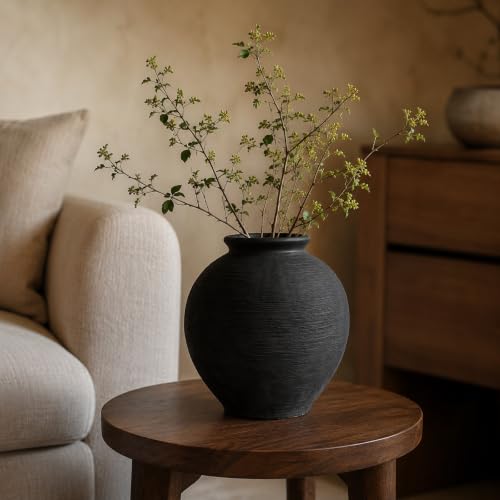 Round Black Ceramic Vase, Matte Textured Flower Vase for Home Decor 7.87 in