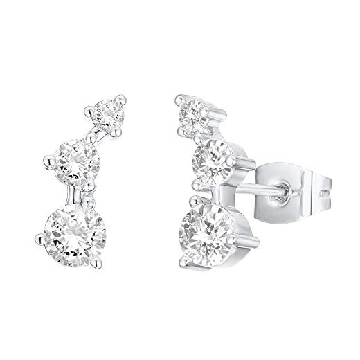 PAVOI 14K Gold Plated Sterling Silver Post Cubic Zirconia Ear Crawler Earrings - Climber Earrings for Women or Girls (Mini, 14K White Plated)