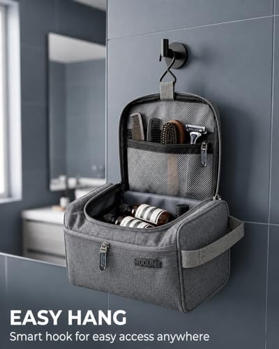 Image of Wooum Travel Toiletry Bag for Men | Water-Resistant Bathroom Organizer with Hook | Compact Khadi Fabric Dopp Kit with Zipper & Mesh Pockets - Ideal for Travel, Gym & Daily Use (Tgrey)