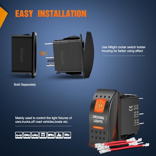 Image of Nilight UTV Driving Lights Rocker Switch 5Pin SPST Orange Backlit 12V 24V | 5-pin SPST driving lights rocker switch with orange backlight. Fits 12V /24V UTV, ATV & 4x4. Includes jumper wires set