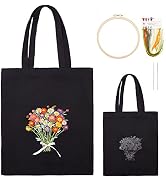 Kit Broderie Sac Toile Débutant - Motif Fleurs Noir, Avec Cerceau, Fils, Instructions Et Aiguilles