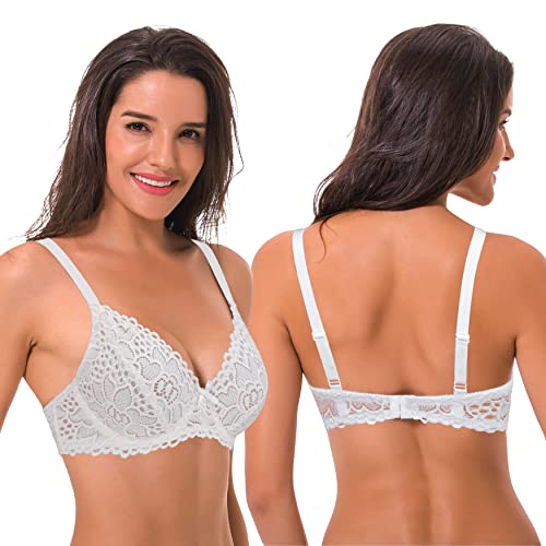 Curve Muse Semi-Sheer Balconette Underwire Lace Bra And Scalloped Hems (2 Pack)-Black,Cream-44Dd #TOP3
