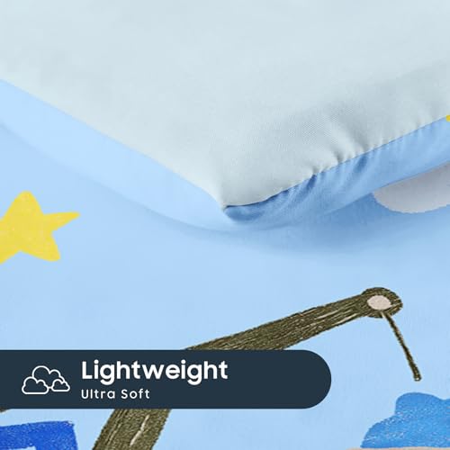 Image of Wake In Cloud - Toddler Bedding Set for Boys, Construction Car Excavator Truck, 4 Pieces Soft Crib Bed Set Including Comforter, Sheets and Pillowcase, Light Blue