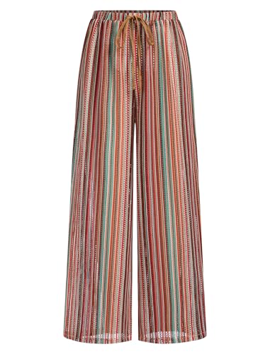 Image of ZAFUL Womens Beach Cover Up Pants Sexy Crochet Drawstring Elastic Boho Swimsuit Cover Up Long Pants Beach Wear