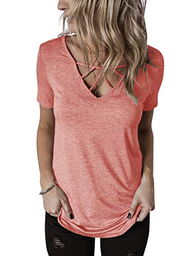 Topstype Womens Summer Short Sleeve T Shirts V Neck Tunic Criss Cross Tops Cute Tees Loose Fitted Henley Workout Shirts(X-Large,Blush)