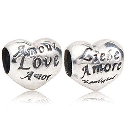 Andante-Stones - Original, Cuenta de Plata de Ley 925 sólida, con la inscripción Liebe Love Amore u0096 (Amor) Tallada, Elemento Bola para Cuentas European Beads + Saco de Organza