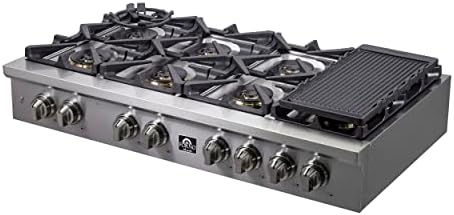 FORNO Spezia 48" Inch. Drop-In Range Top with 8 Sealed Dual Brass Burners - Stainless Steel Stove Top Heavy Duty Continuous Cast Iron Grates with Auto-ignition, Griddle, Wok-Ring and LP conversion