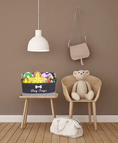 Geyecete Dog Toys Storage Bins Pet Toy and Accessory Storage Bin, Organizer Storage Basket for Pet Toys, Blankets and Food - with Wooden Handle-Gray/Light Gray