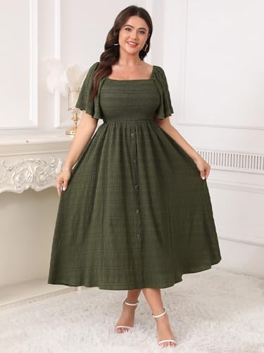 Image of Plus Size Casual Maxi Boho Dress for Curvy Women Short Sleeve Square Neck Smocked Summer Beach Dresses Button Down