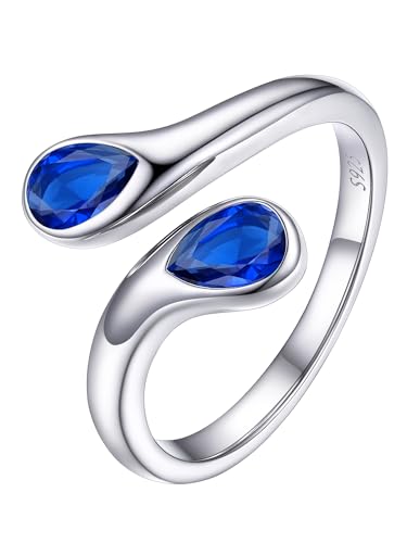 PROSILVER S925 Sterling Silver Rings for Women Dainty Birthstone Statement Ring, Dual Pear-Shaped Gemstones, Open Sapphire Rings, September Birthstone Rins