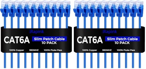 Image of Rapink Cat6a 5ft Ethernet Cables (20 Pack) - Slim, 10G Support, Snagless, Flexible with Gold Plated Connectors