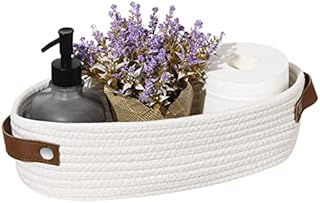 Lewondr Woven Storage Basket with Leather Handles, Small Cotton Rope Basket for Toilet Tank Top, Farmhouse Decor Basket for Bathroom Bedroom Laundry Countertop Storage Toilet Paper Towel Toy, White