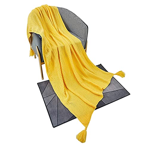 Textured Soft Throw Blanket with Tassels Knitted Acrylic Lightweight Throw Blanket Cozy Solid Farmhouse Sofa Couch Bed Blanket, 50x60Inches, Yellow