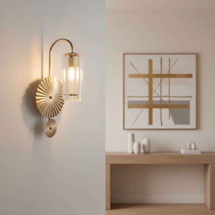 Image of CORAL TREE Luxury Crystal Sunburst Wall Light - Champagne Gold Metal Sconce, Modern Glass Designer Wall Lamp for Living Room, Bedroom & Hallway - E14 Bulb Holder, Elegant Home Decor Lighting