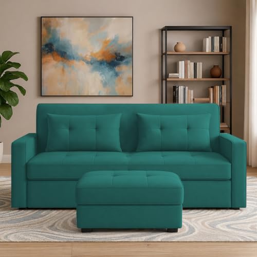 Image of Emilio 2-Seater Sofa Cum Bed for Living Room, Office & Home with Center Table | Premium Fabric Pull-Out Sofa Set with 1 Year Warranty | Space Saving Convertible Sleeper Sofa | Pine Colour