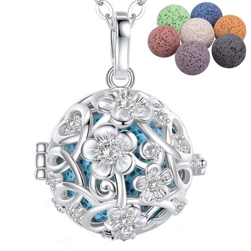 INFUSEU Collier Aromatherapie, Huile Essentiel Collir Diffuseur Bijoux Forme De Fleur De Cerisier Plaqué Argent Pendentif Femme DéSodorisant Voiture Original...