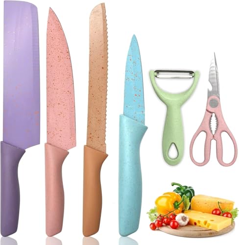 LEDHOLYT Knife for Kitchen use, Kitchen Knife Sets, Professional Colorful Kitchen Knives Set of 6 Pieces, Non-Stick Blades with High Carbon Stainless Steel